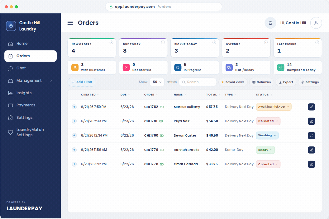 LaunderPay Laundry POS dashboard sending customer text messages
