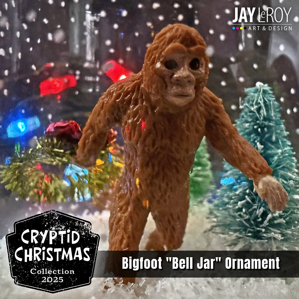 Miniature Bigfoot carrying a wreath through a snowy scene.