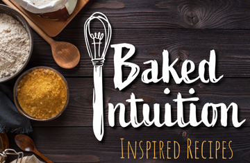 Baked Intuition logo with ingredients on wood background