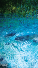 Back cover with painting of flowing blue water