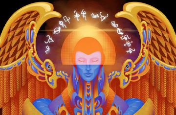 Illustration of an angel with feathered wings and glowing halo