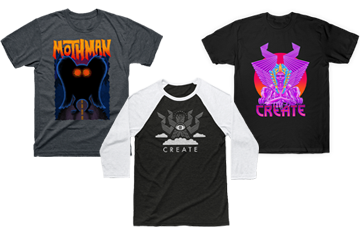 Three t-shirts with "Mothman" and "Create" designs, artistic graphic prints.