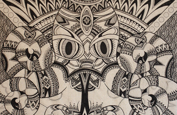 Intricate black and white drawing of an octopus with symmetrical patterns