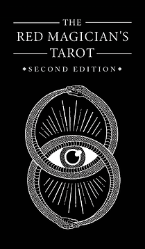 Black & white artwork featuring a double ouroborus motif with an eye forming where the snakes intersect, and the words "The Red Magician's Tarot Second Edition" above it.