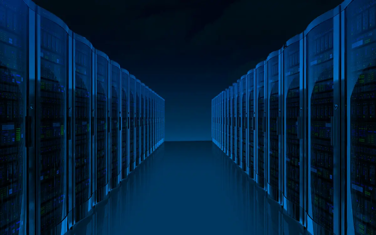 A well-organized and secure data center service room, housing racks of servers and networking equipment. The room is designed to ensure optimal conditions for data storage and processing.