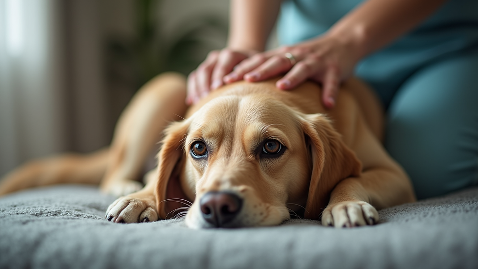 Close-up view of a dog receiving gentle osteopathic treatment on its back