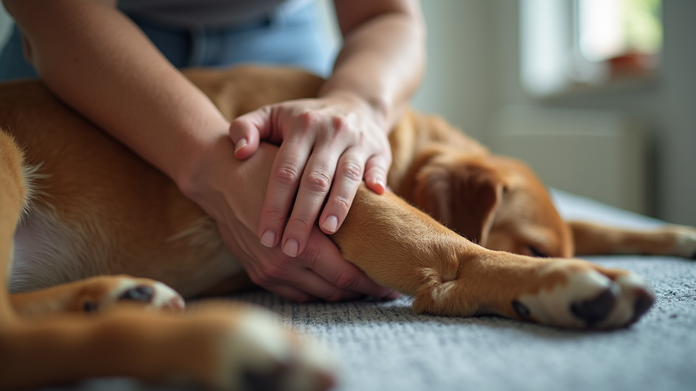 Close-up view of a dog’s leg being gently massaged by a therapist