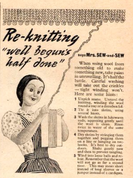 old picture of a 1940's character Mrs Sew and Sew unwinding a knitted garment