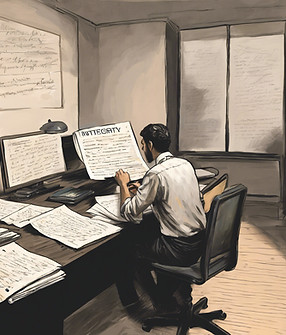 Person sits at a desk writing on paper titled _Integrity_. There are multiple papers on th