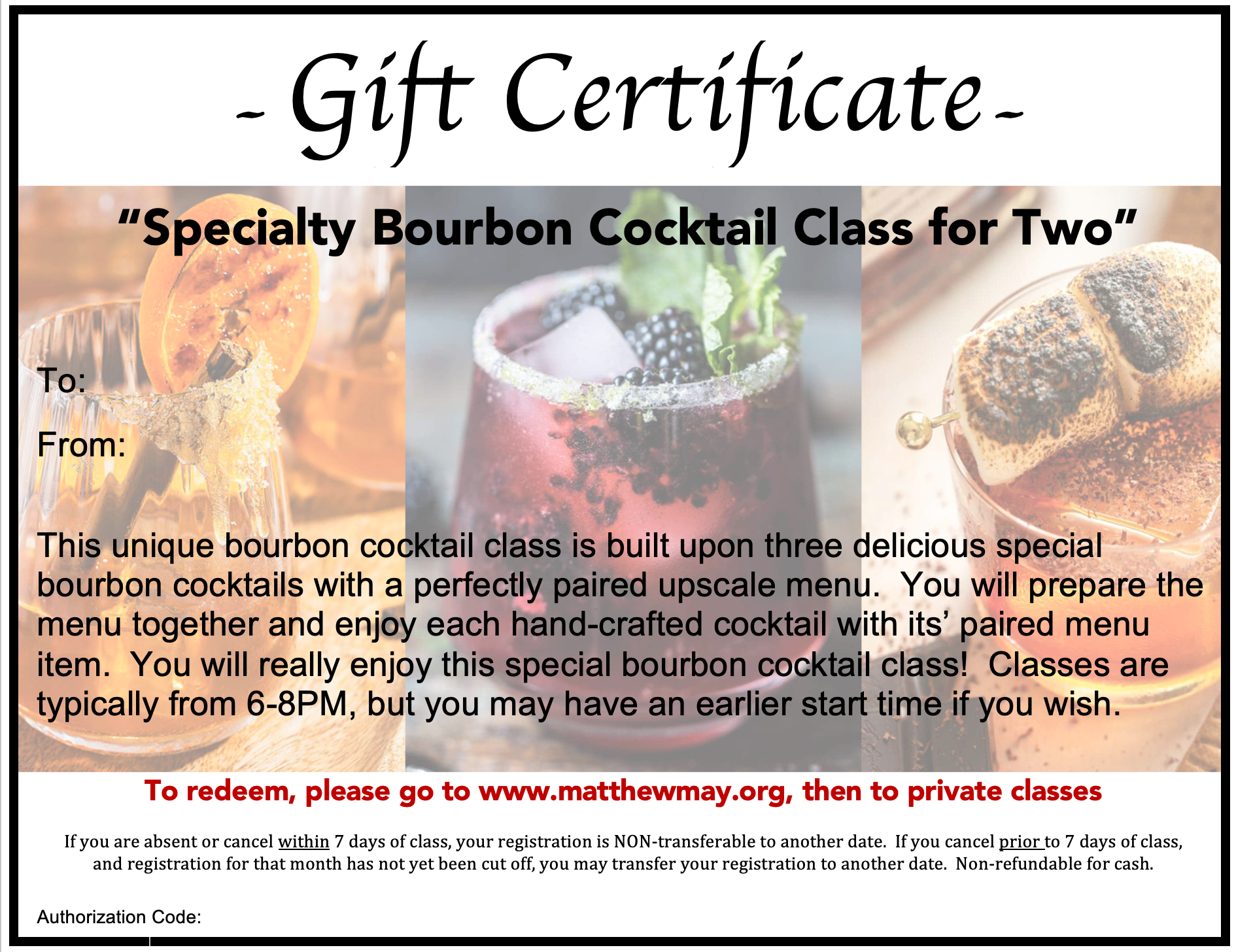 "Private Bourbon Cocktail Trio Class for Two" GIFT CERTIFICATE