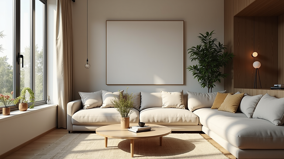 Wide angle view of a cozy living room with natural light and modern decor