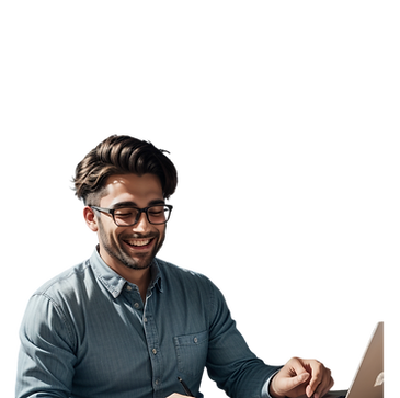 Hombre sonriendo y diseñando en una laptop. Generado por IA.