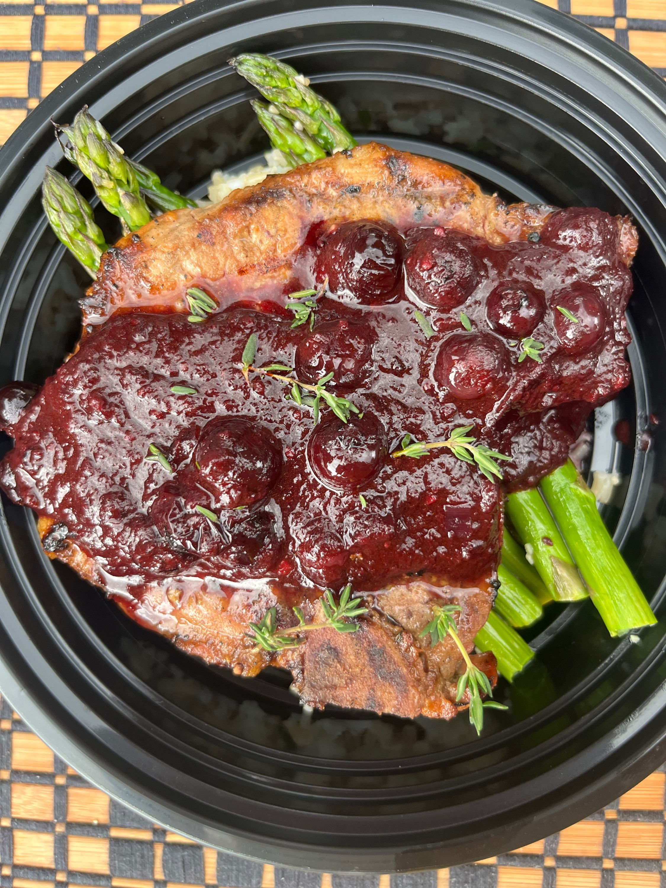 Grilled Pork Chop with Blueberry Balsamic BBQ w/ Asparagus And Brown Rice