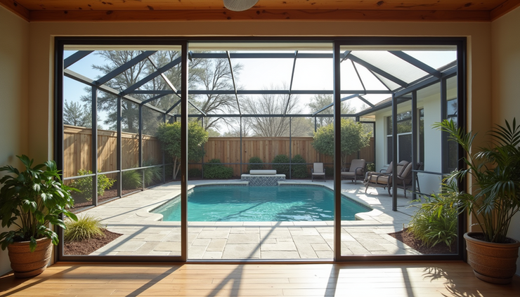 Eye-level view of a newly installed screen lanai overlooking a backyard garden in Central Florida