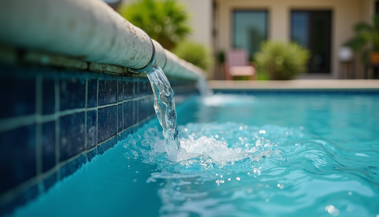 Eye-level view of overflowing gutter water hitting a pool screen cage