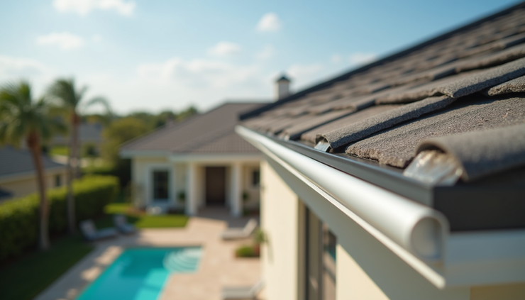 Eye-level view of seamless aluminum gutter installed on a Central Florida home roofline