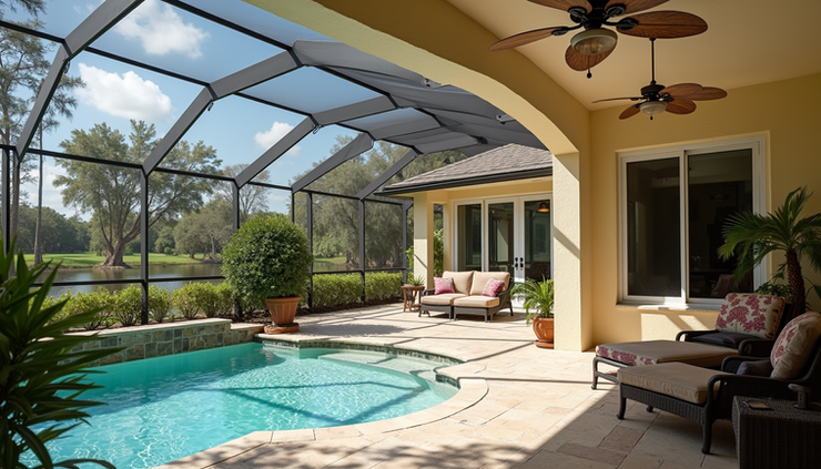Eye-level view of a screened lanai protecting patio furniture from sun and rain