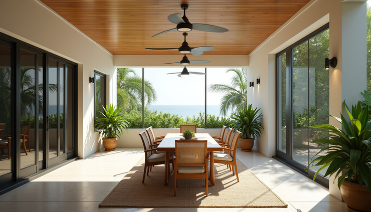 Wide angle view of a modern screen lanai with a dining area and ceiling fans, surrounded by tropical landscaping