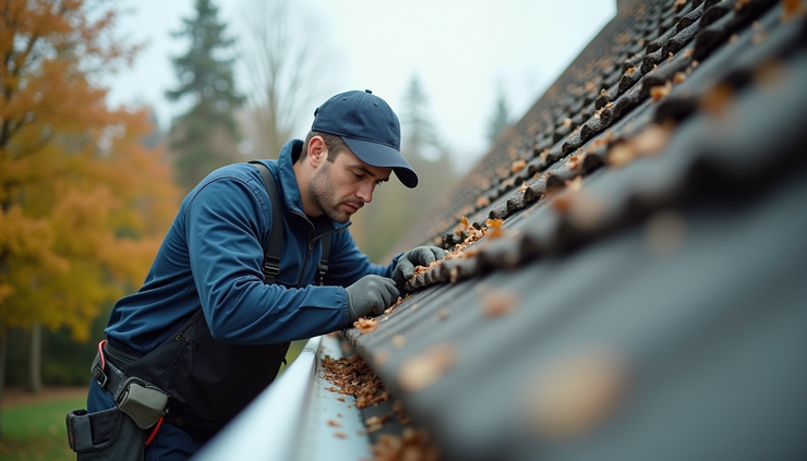 Eye-level view of a technician inspecting a gutter system on a residential roof