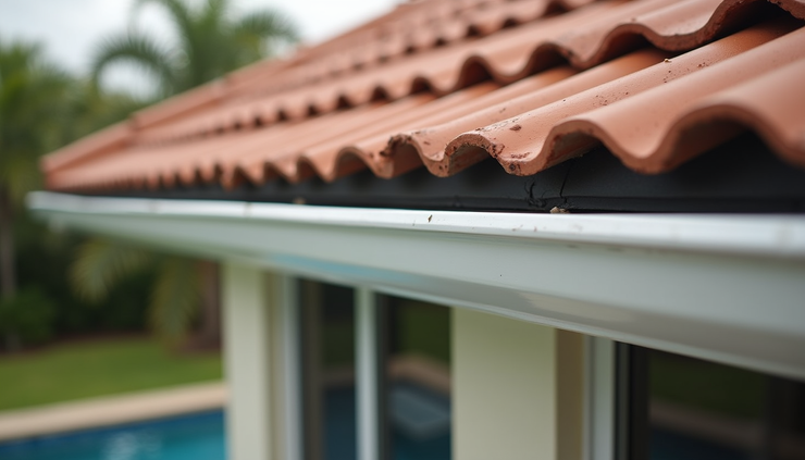 Close-up view of 7-inch seamless gutter installed on tile roof above pool cage