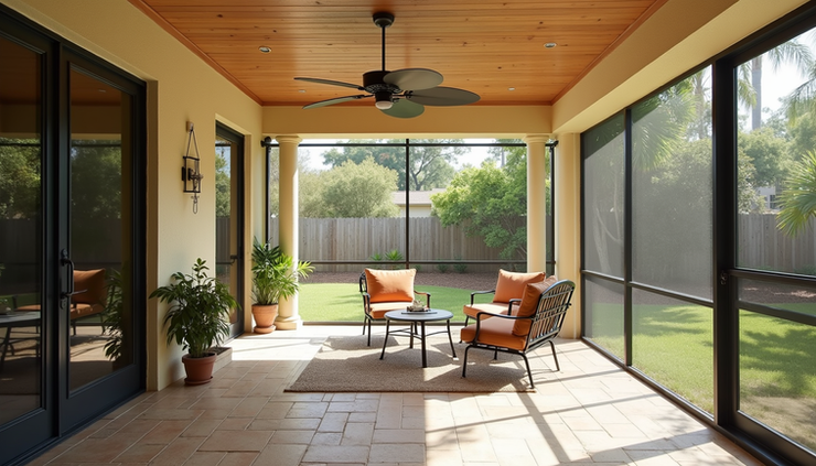 Eye-level view of a screened lanai protecting patio furniture from sun and rain