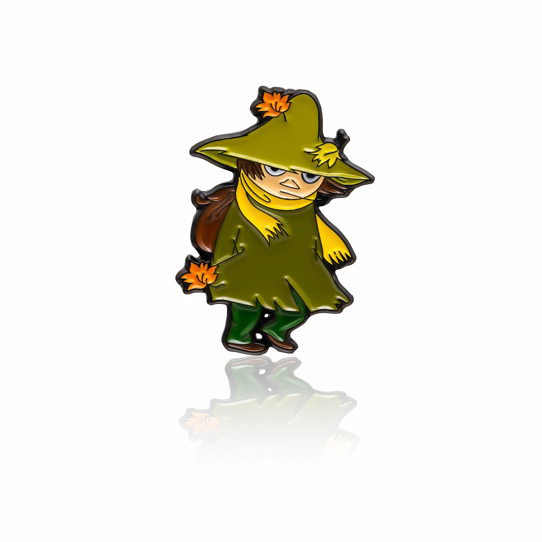 Moomin pin badge of Snufkin wearing a green hat and cape