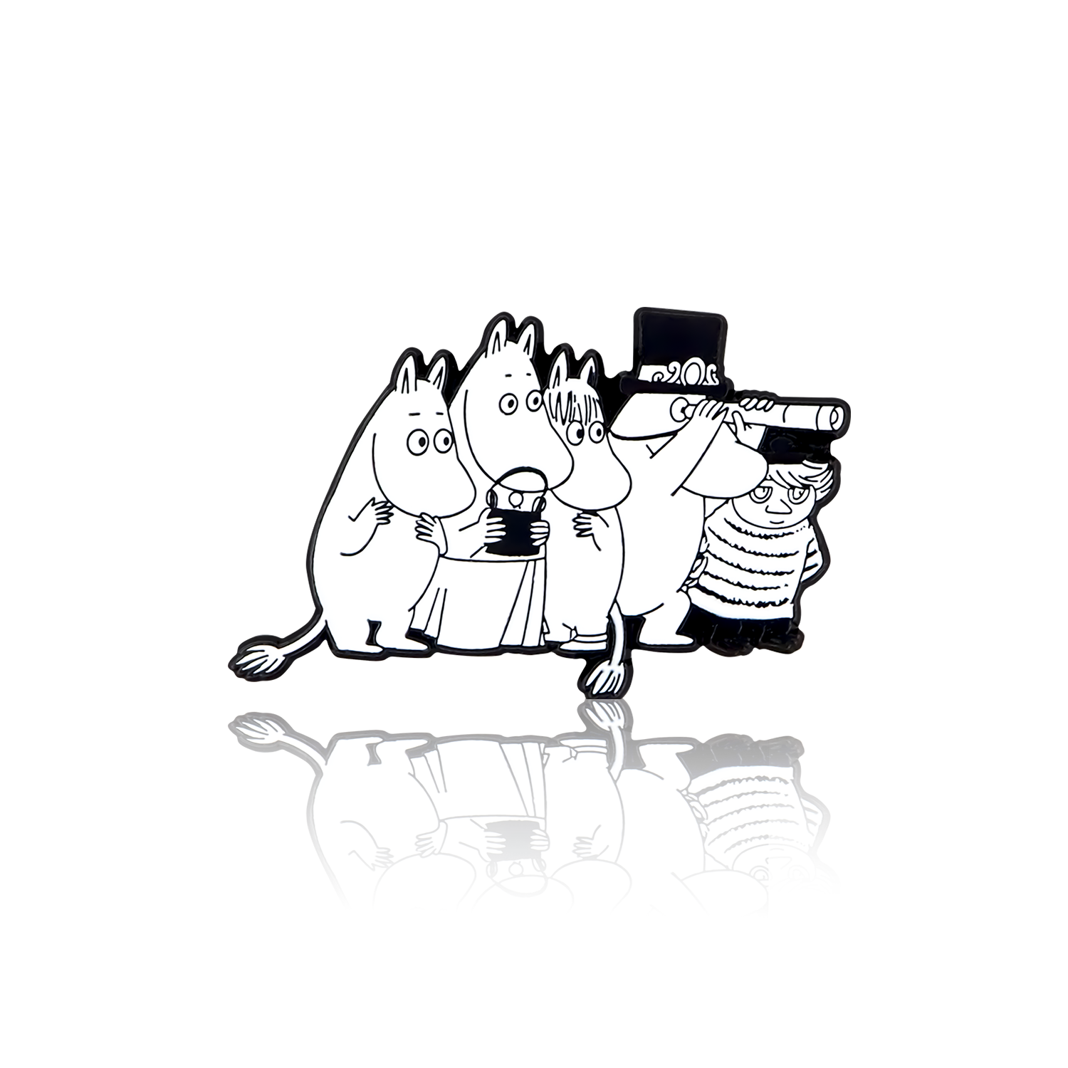A black and white pin badge featuring the Moomin family and Little My holding a telescope and lantern.