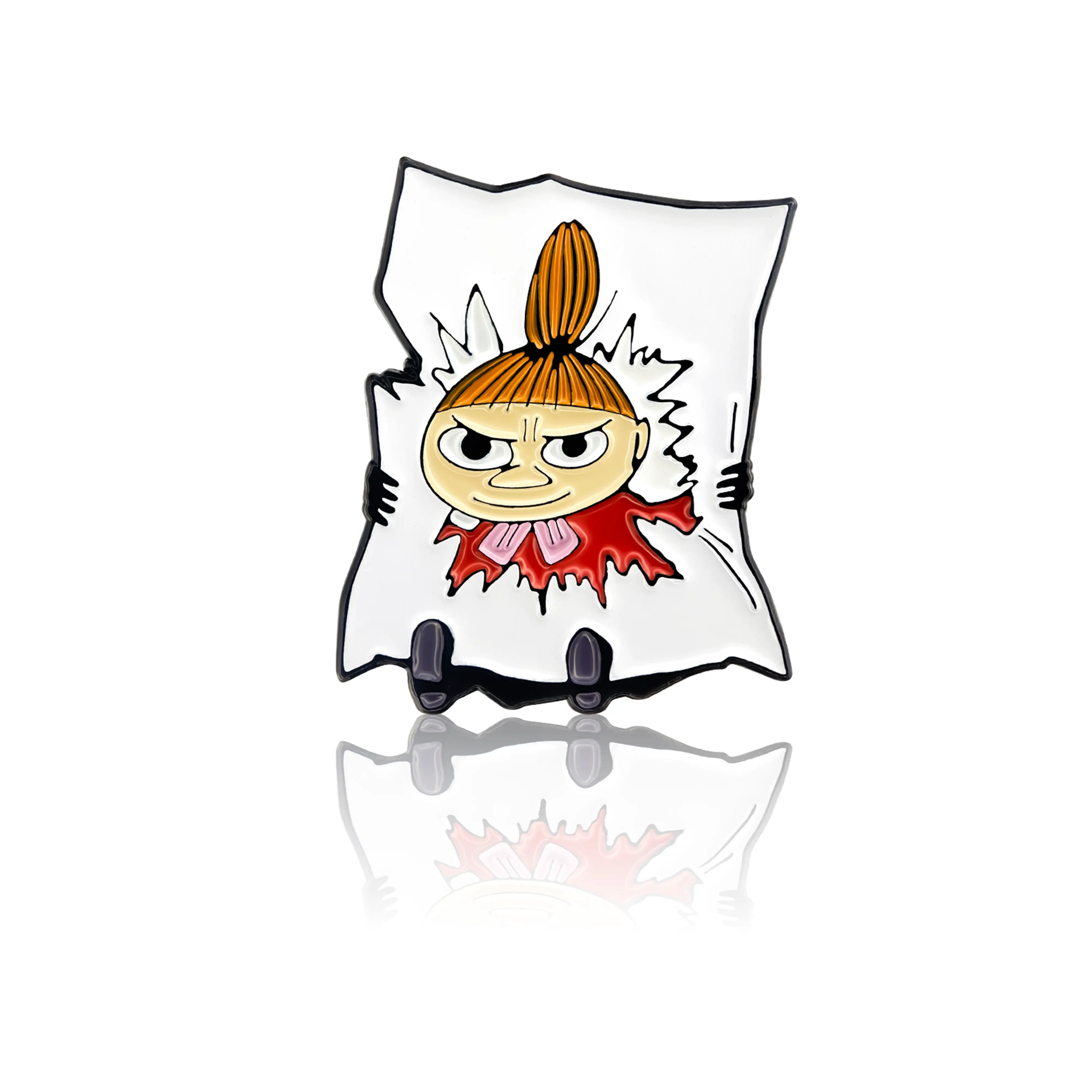 A Moomin pin badge with a design of Little My peeking out from the paper.