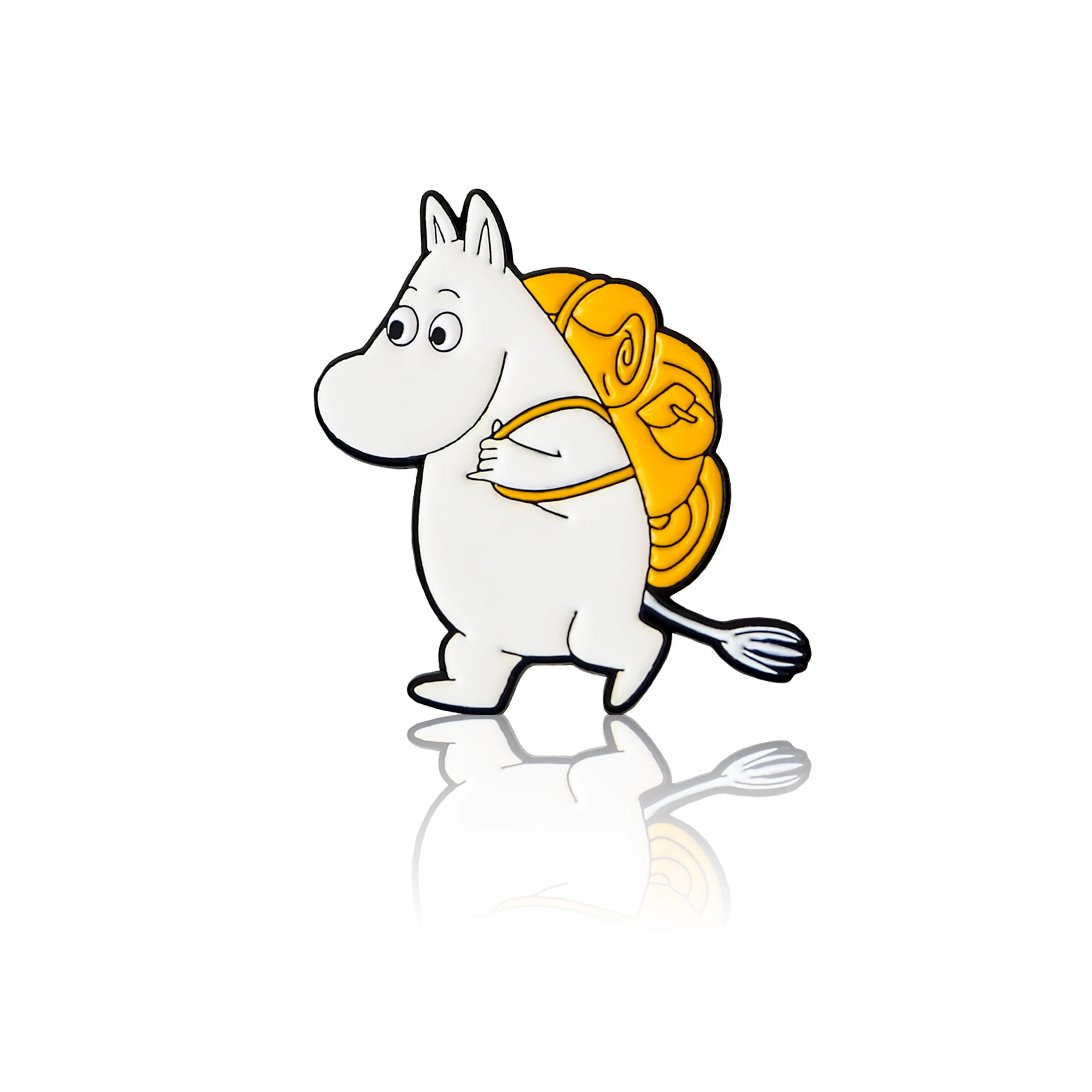 A pin badge with a design of Moomin walking with a yellow backpack.