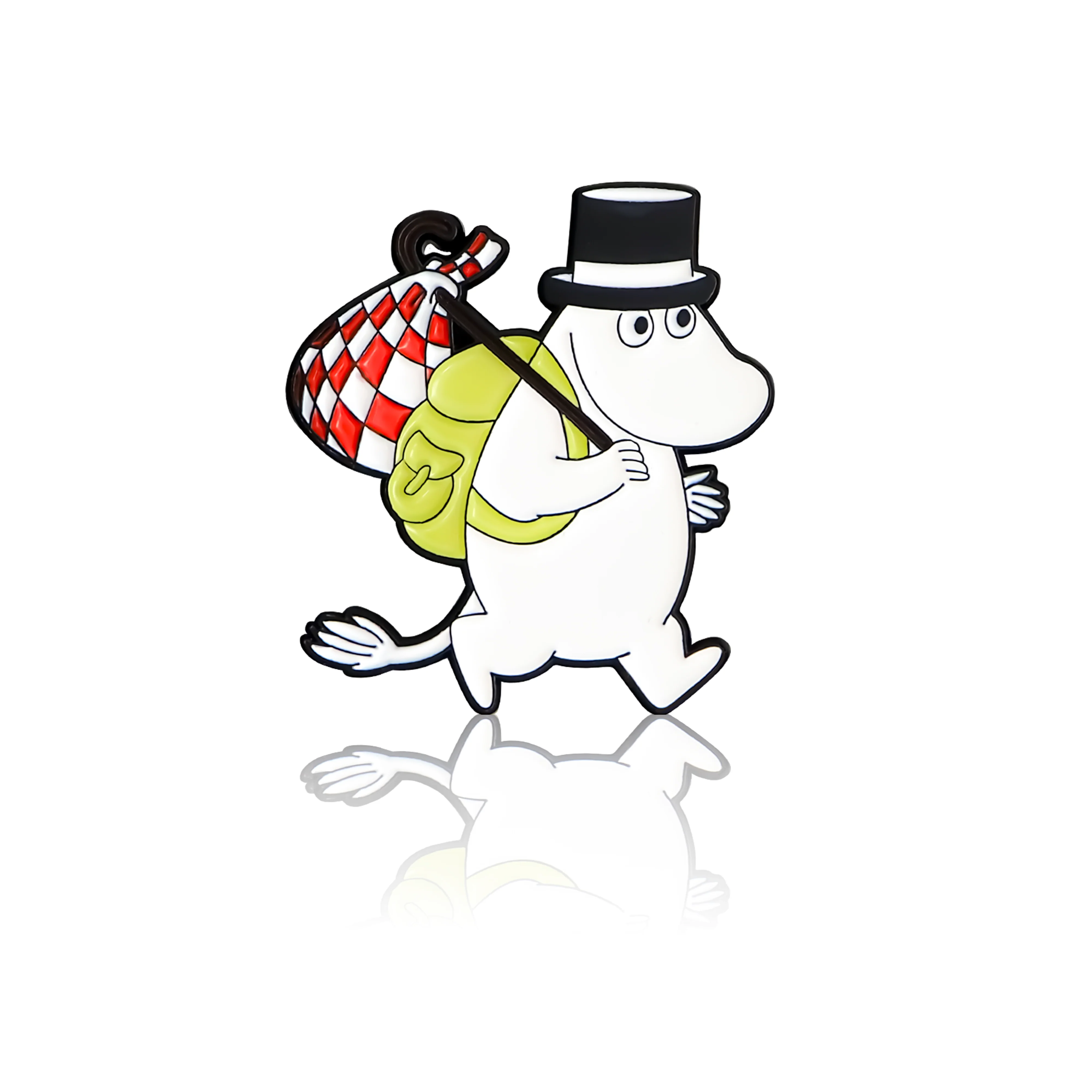 A pin badge featuring Moominpappa wearing a top hat and carrying a bag on his back.