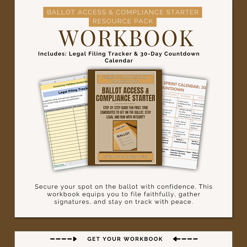 FaithFlow Campaign Series Workbook pages for Ballot Access & Compliance Starter