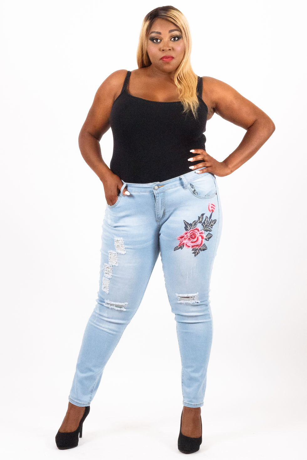 Thumbnail: Rosa Embroidery Distressed Light Blue Skinny Jeans