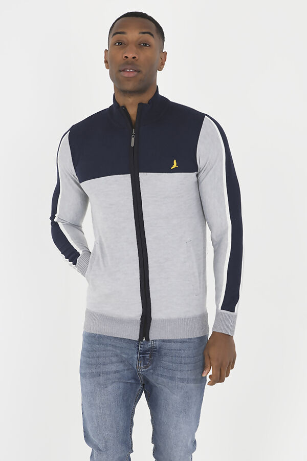 Thumbnail: Owen Grey and Navy Bird Embroidered Jumper