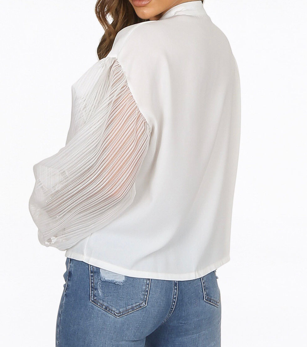 Thumbnail: Rainy White Frill Mesh Sleeve Shirt
