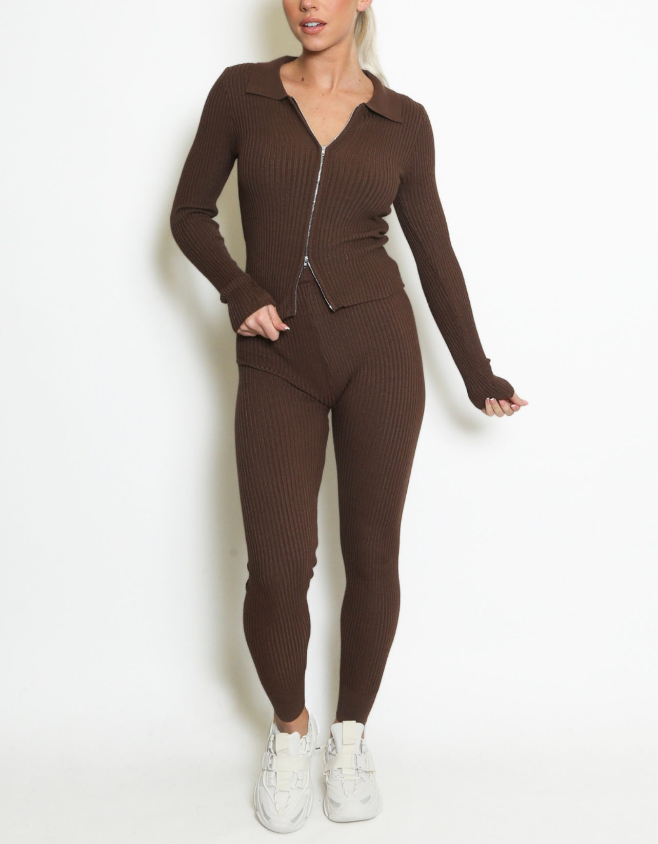 Honey Brown Zip Up Top & Trouser Set