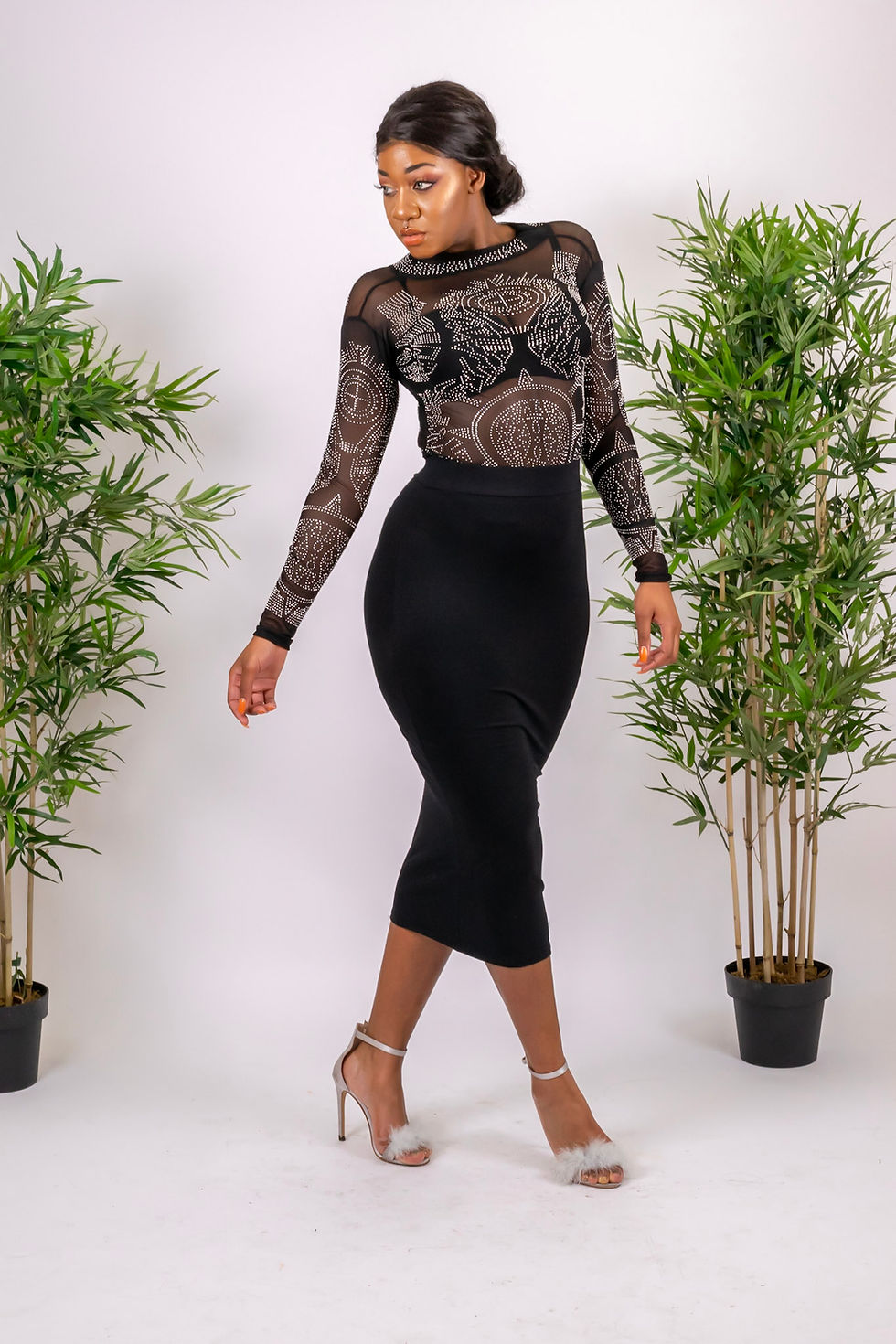 Thumbnail: Keisha Black Mesh Rhinestone Embellished Bodysuit