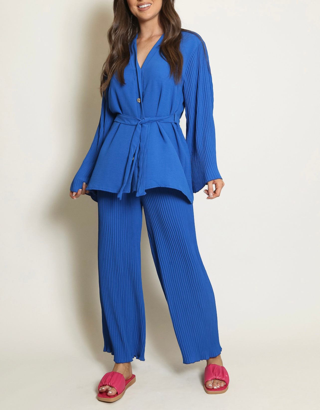 Honey Blue Pleated Blouse & Trouser Set 