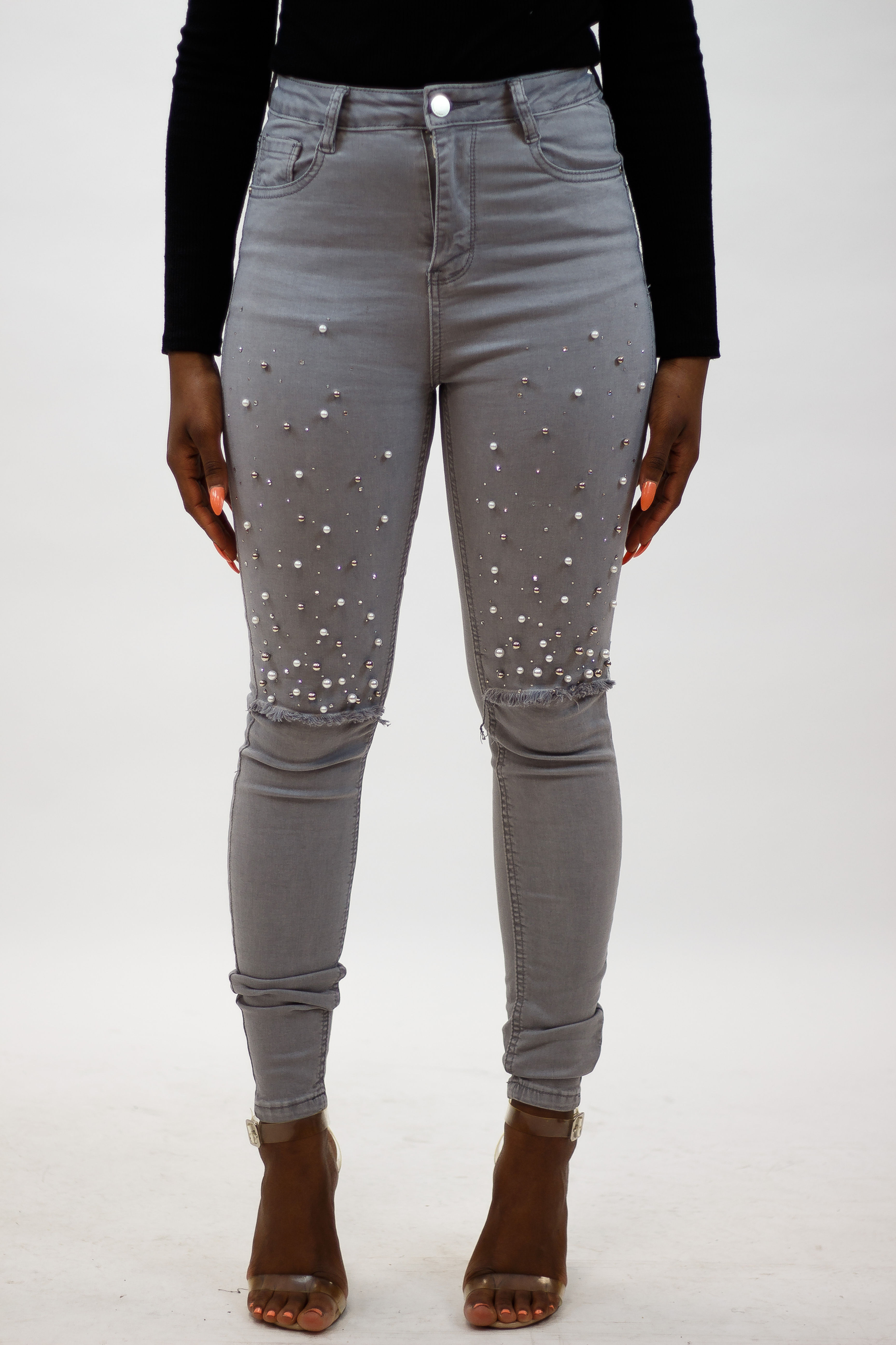 Pearls Gem Trim Ripped Jeans
