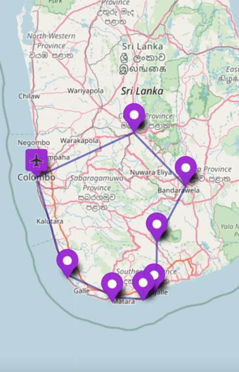 Karte von Sri Lanka für eine 12 Tage Run