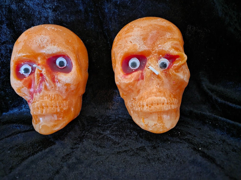 SALE - Creepy Orange Skull Candle with Blood Eyes