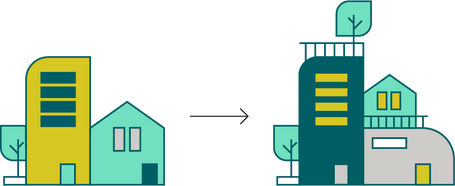 This image is a diagram of transforming and refurbishing buildings to extend building life and materials. The first image is of two parts of a building attached together. The next is the same building but looking slightly different and also extended.