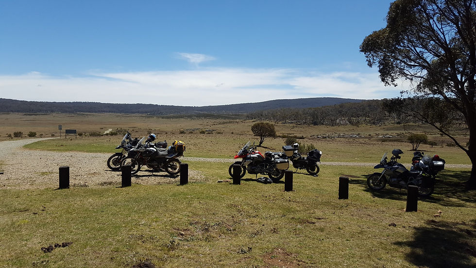 Adventure bikes park on the edge of a paddock