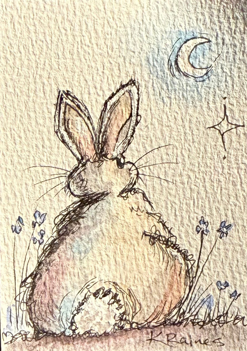 Fat rabbit watercolor and ink work by Kellie Raines