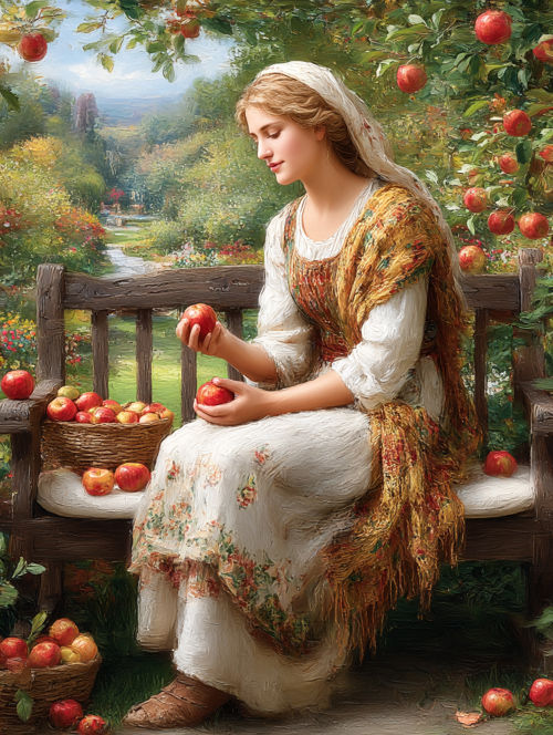 A woman in a rustic dress sits on a wooden bench in a picturesque orchard, contemplating a freshly picked apple, as a basket overflows with more fruit amidst a serene garden backdrop.