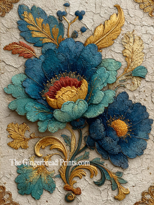 Intricately embossed floral artwork featuring vivid blue and gold flowers with detailed leaves, showcasing exquisite craftsmanship and rich texture against a distressed background.