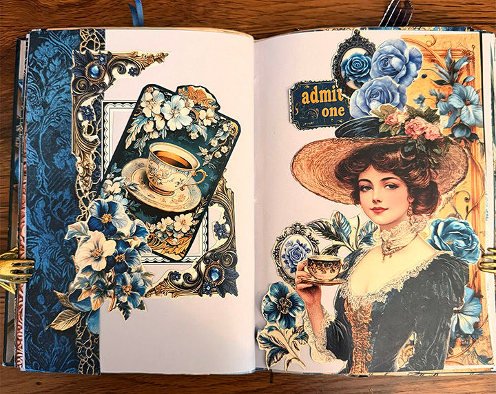 "Elegant Victorian-themed journal spread featuring Miss Saphira sipping tea, adorned with vintage floral elements, decorative corners, and an 'Admit One' ticket, offering ample space for personalized notes or tucked-away messages."