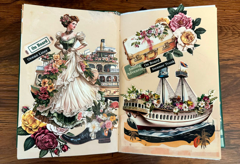 Close-up view of vintage botanical junk journal pages with pressed flowers and ephemera