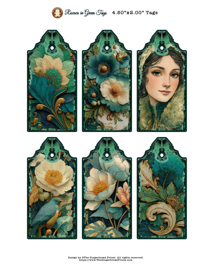 Rococo in Green 6 Tags set Digital Download