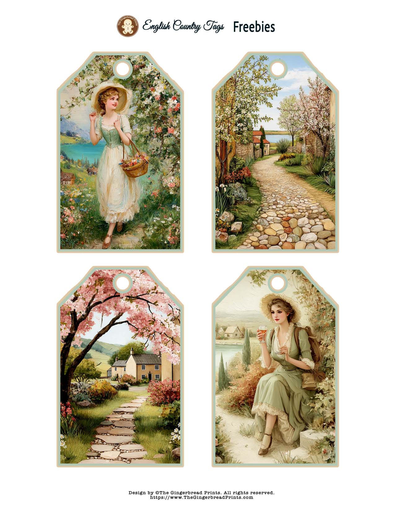 English Country 4 Tags set Digital Download