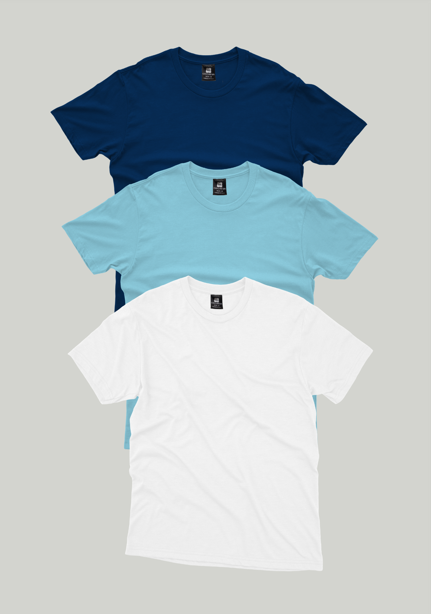 3'lü T-Shirt Paketi Kadın / Erkek Pamuklu Lacivert Elektrik Mavi Beyaz